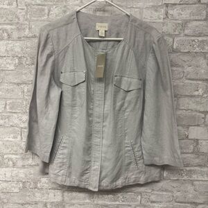 Chico’s Jacket Women’s Large Foiled‎ 100% Linen Shine 3/4 Silver Seagull NWT